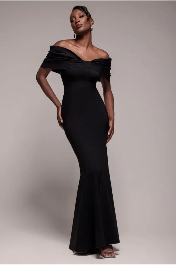 Bardot Bow Neck Maxi Dress - Black