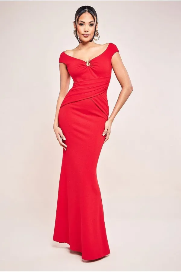 Bardot Pleated Maxi With Metal Trim Maxi Dress - Red