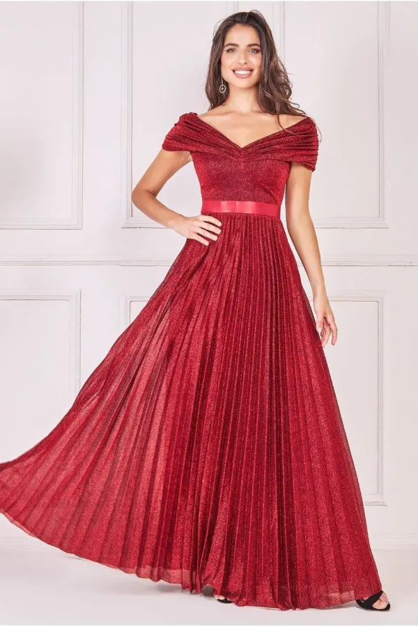 Bardot Pleated Skirt Maxi Dress - Wine