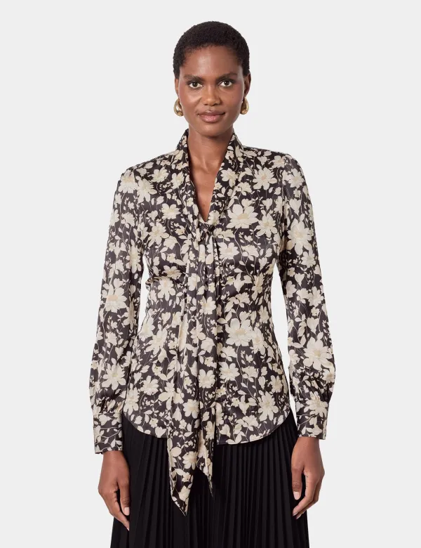 Black & Cream Floral Pussybow Blouse | Black/Cream | Polyester | Womens - Black/Cream