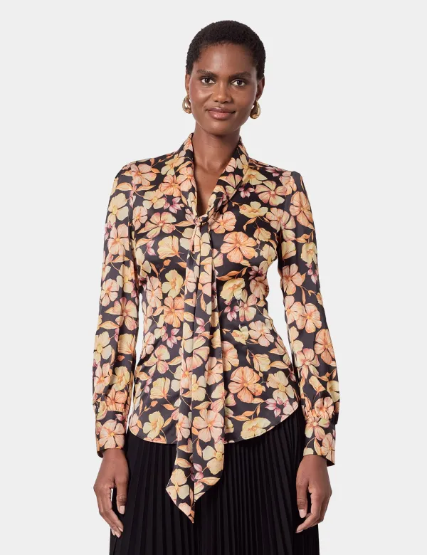 Black & Orange Floral Pussybow Blouse | Black/Orange | Polyester | Womens