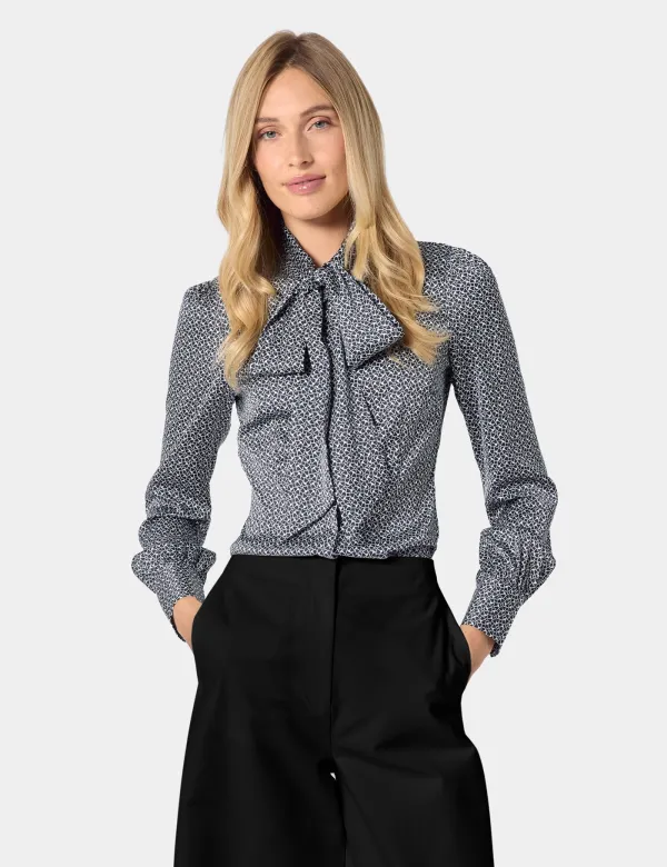 Black & White Geometric Pussybow Blouse | Black/White | Polyester | Womens