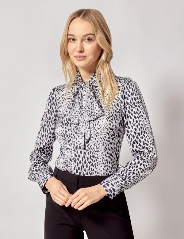 Black & White Spotted Pussybow Blouse | Black/White | Satin | Womens