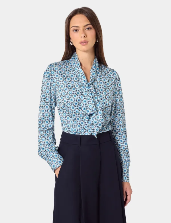 Blue & Green Geometric Pussybow Blouse | Blue/Green | Polyester | Womens