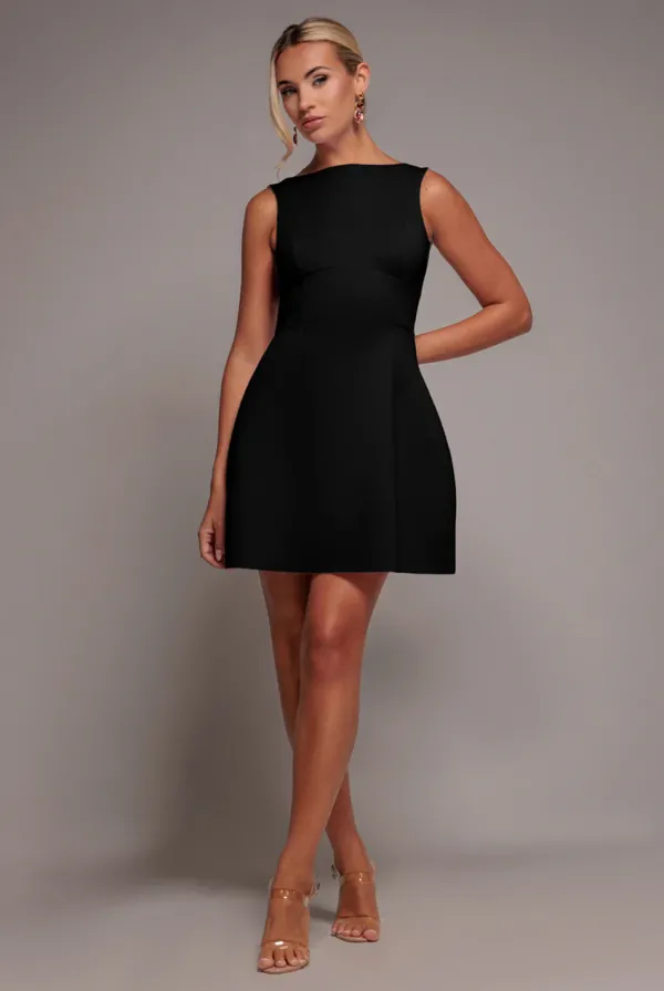 Boatneck Open Back Scuba Mini Dress - Black