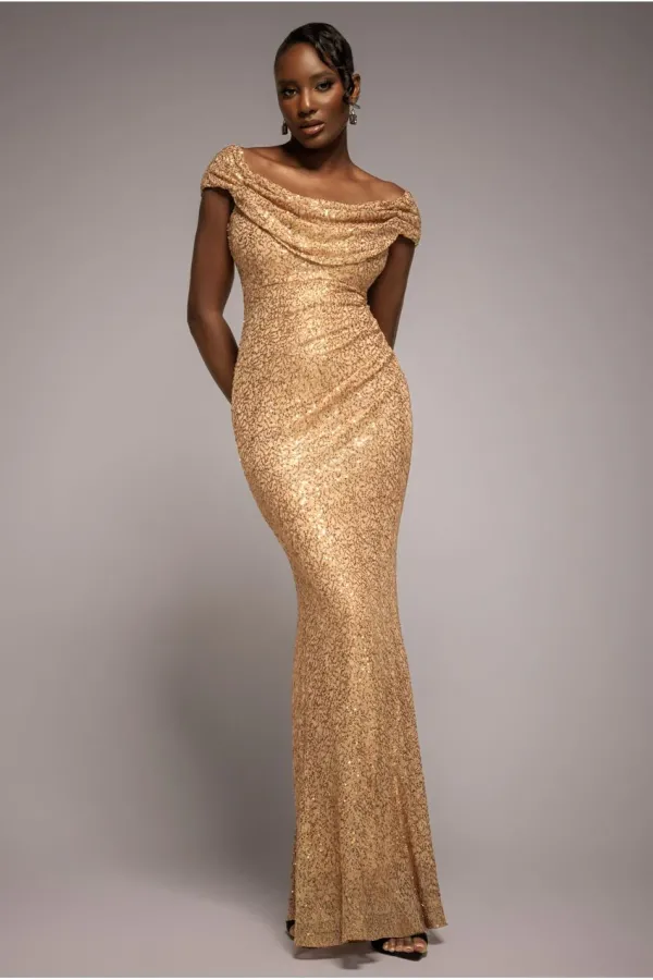 Cap Sleeve Iridescent Sequin Cowl Maxi Dress - Gold
