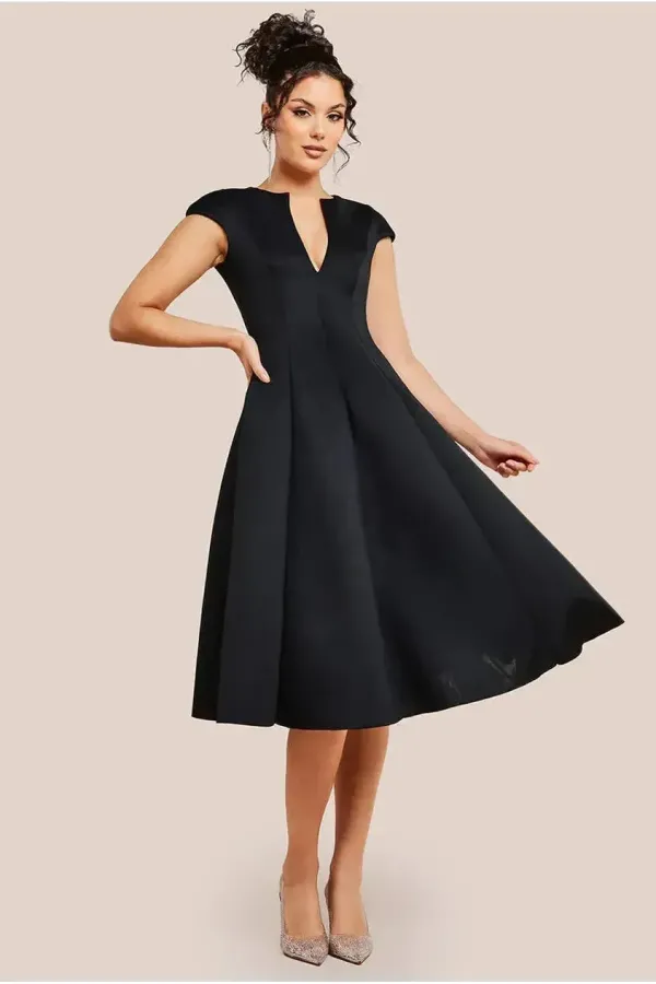 Cap Sleeve Plunging V-Neckline A-line Midi Dress - Black