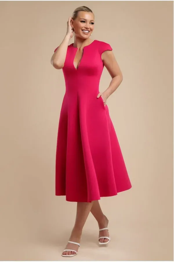 Cap Sleeve Plunging V-Neckline A-line Midi Dress - Magenta