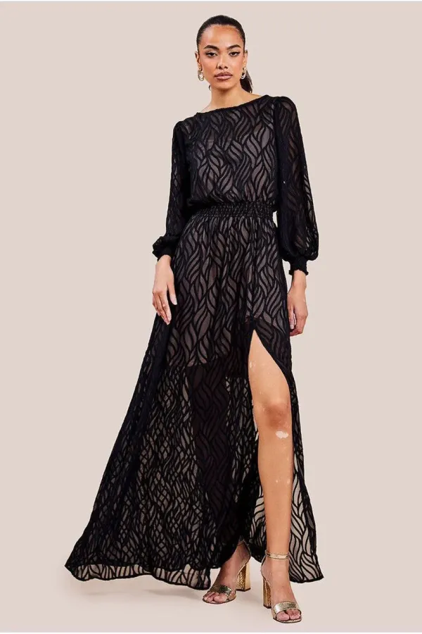 Chiffon Geo-Wave Front Split Maxi Dress - Black