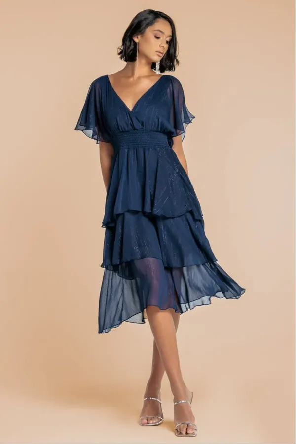 Chiffon Layered Flutter Sleeve Midi Dress - Navy
