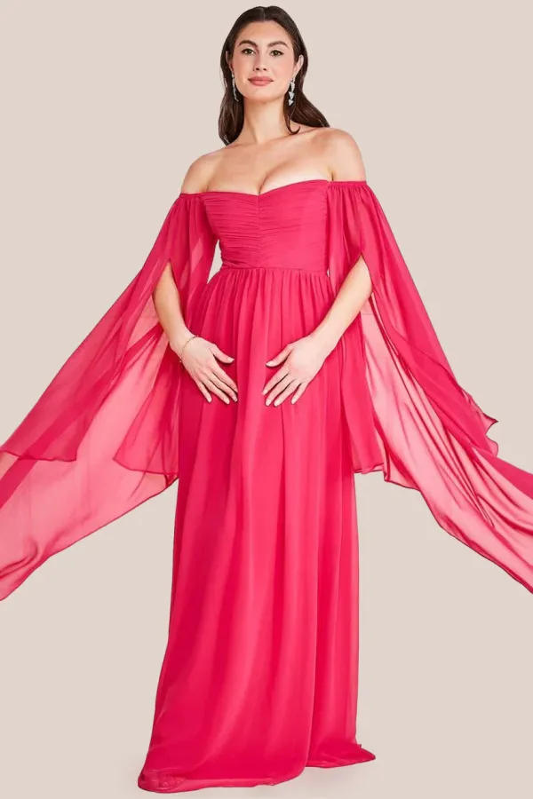 Chiffon Off The Shoulder Maxi With Cape Sleeves - Hot Pink - Hotpink