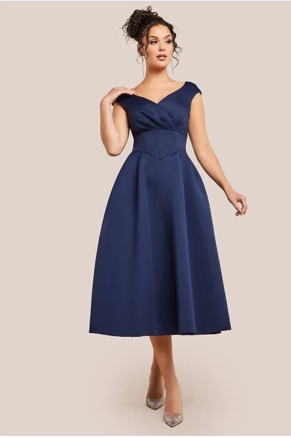 Corset Fit & Flare Midi Dress - Navy