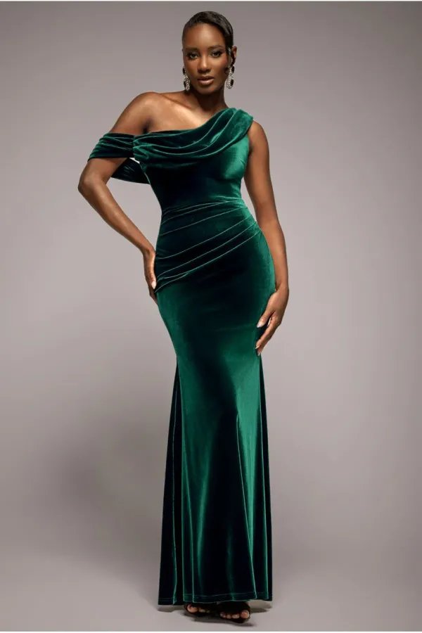 Cowl One Shoulder Velvet Maxi Dress - Emerald Green