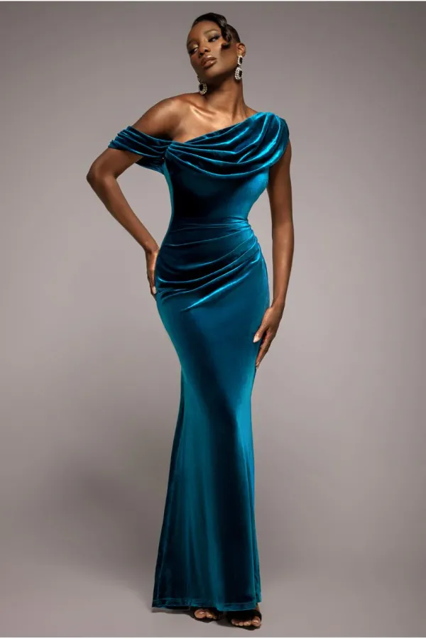 Cowl One Shoulder Velvet Maxi Dress - Teal