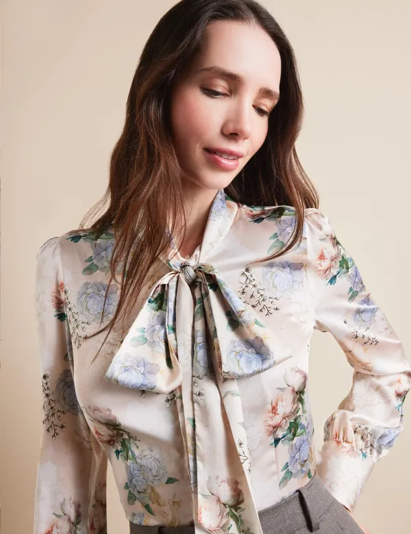 Cream & Blue Floral Pussybow Blouse | Cream/Blue | Polyester | Womens - Cream/Blue