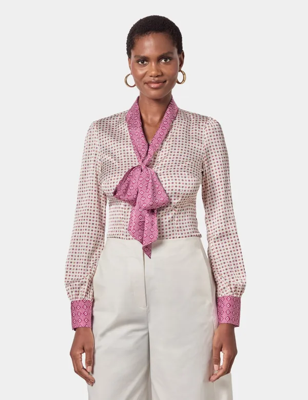 Cream & Magenta Geometric Pussybow Blouse | Cream/Red | Polyester | Womens