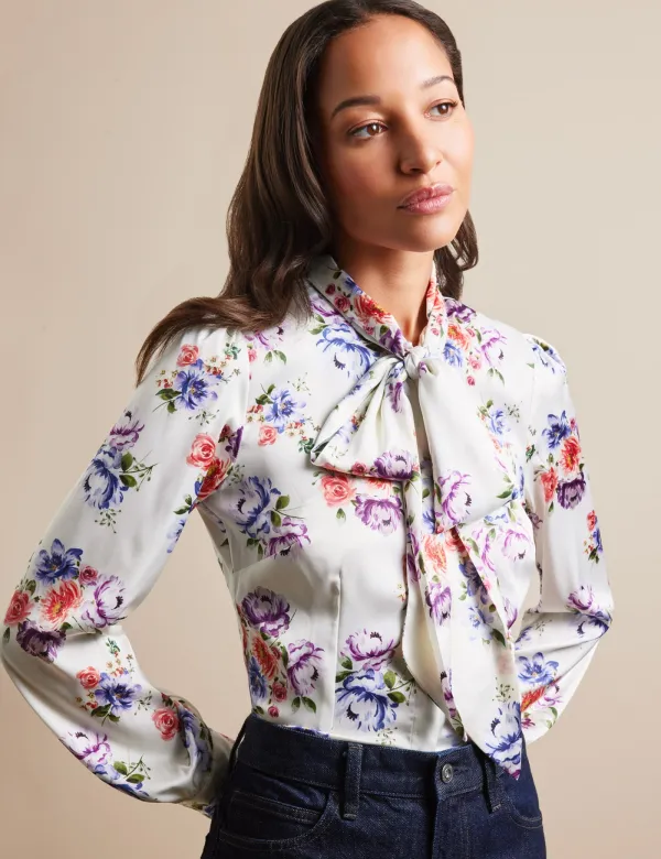 Cream & Red Floral Pussybow Blouse | Cream/Red | Polyester | Womens
