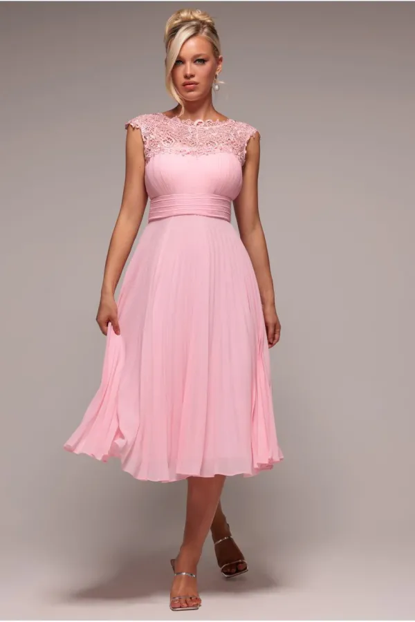 Crochet & Pleated Top Midi Dress - Blush Pink - BlushPink