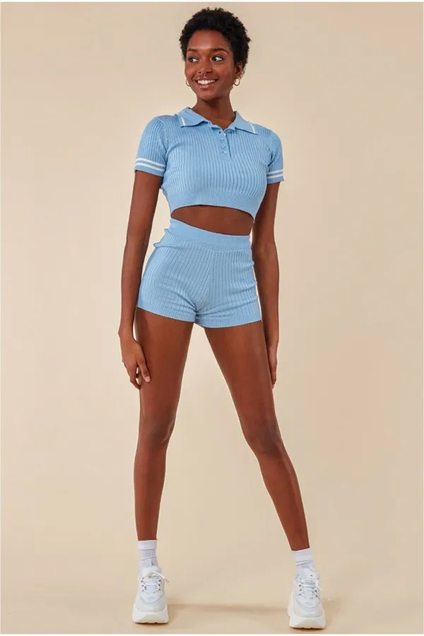 Crop Top & Short Loungewear Set - Blue