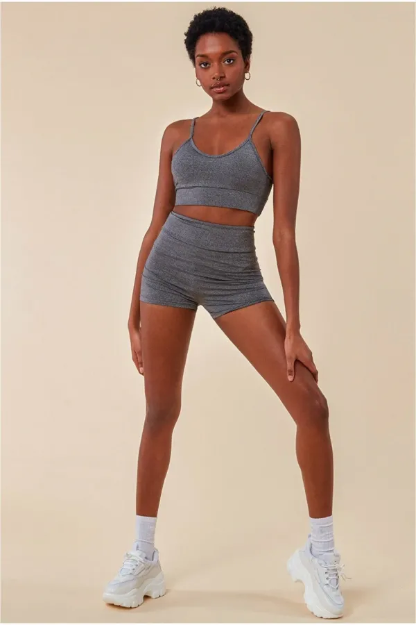 Cropped Bralette & Cycle Short Set - Gray - Grey