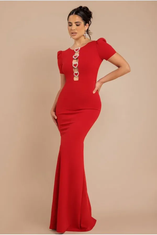 Diamante Embellished Heart Brooch Scuba Maxi Dress - Red