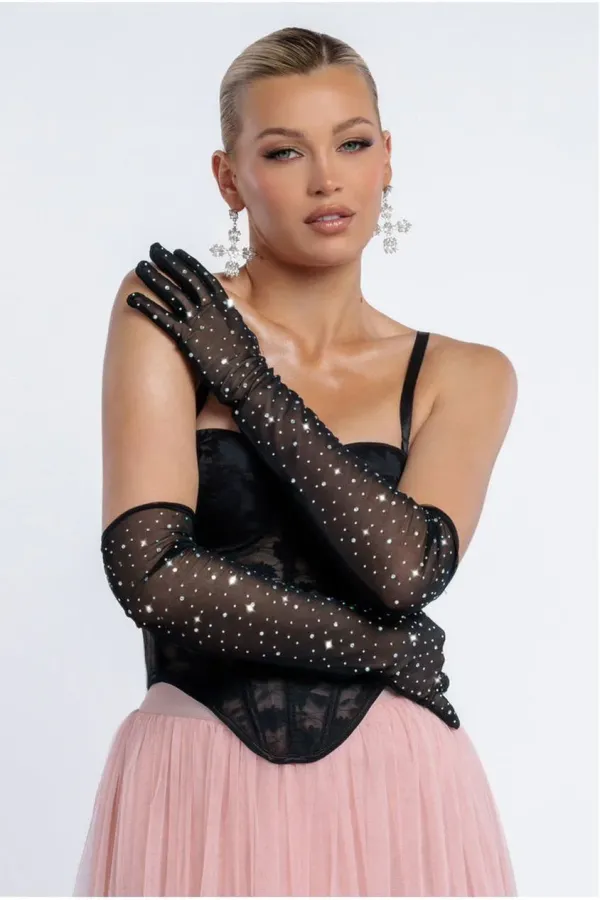 Diamante Embellished Mesh Gloves - Black