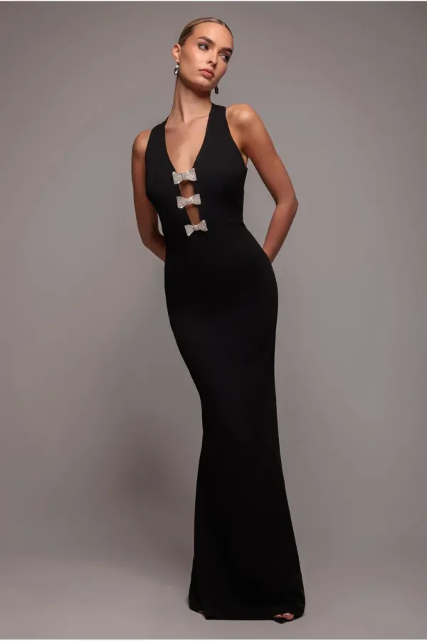 Embellished Diamante Bow Mermaid Halter Neck Maxi Dress - Black