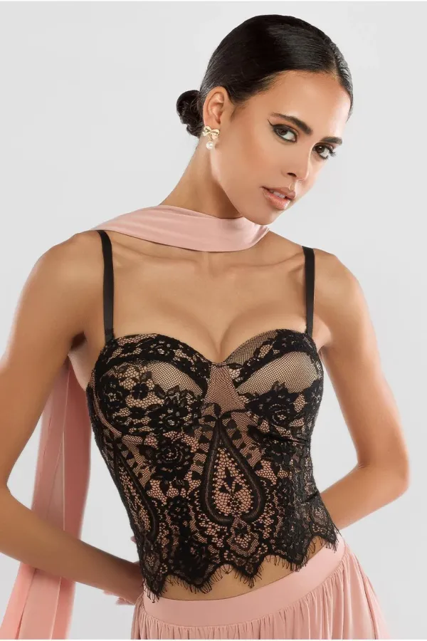Embroidered Lace Corset - Black