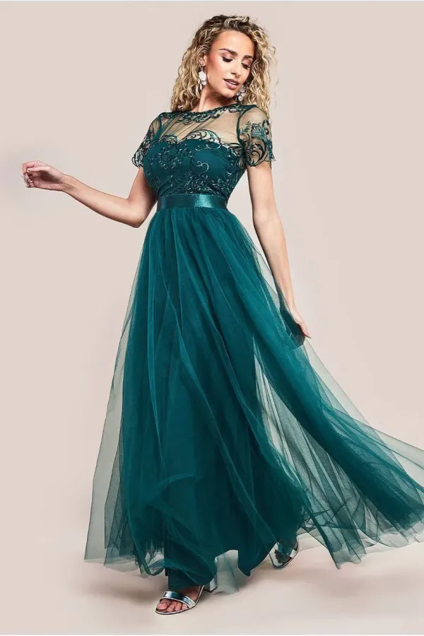 Embroidered Mesh Maxi Dress - Emerald Green - EmeraldGreen