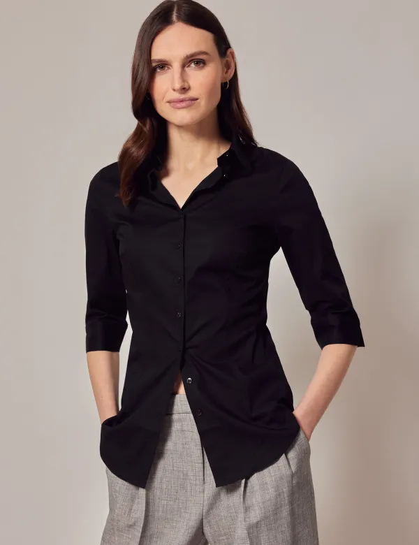 Fitted Black Shirt | 3/4 Sleeve | Cotton Stretch | Plain | Womens
