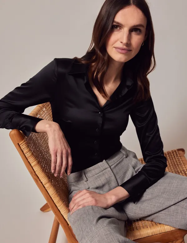Fitted Black Shirt | Satin | Plain | Womens