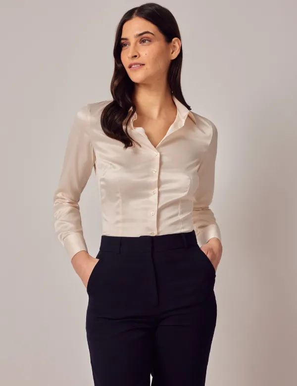 Fitted Cream Shirt | Satin | Plain | Womens