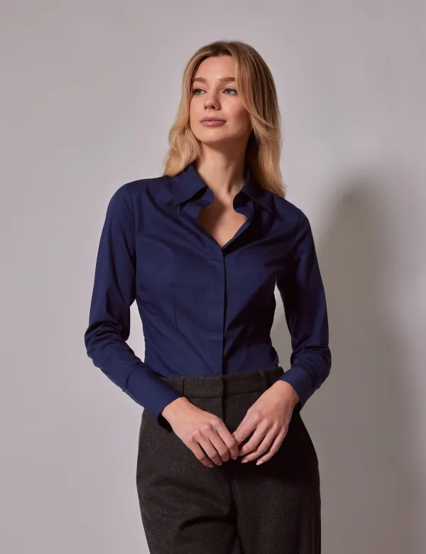 Fitted Navy Shirt | Concealed Placket | Cotton Stretch | Plain | Womens