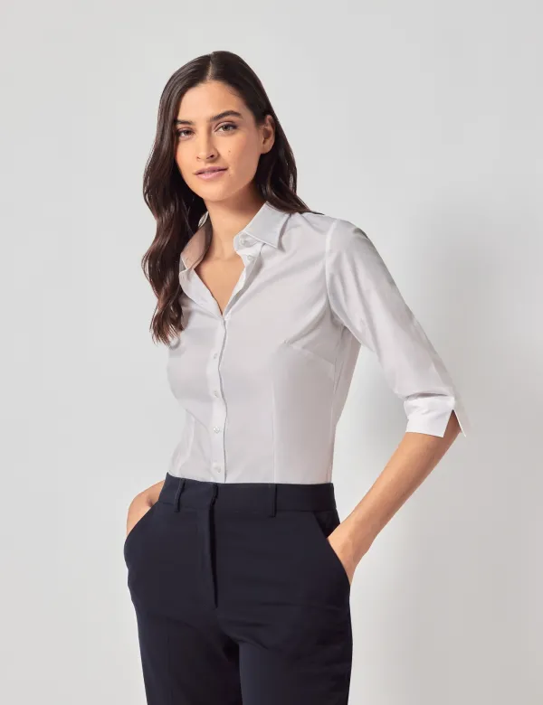 Fitted White Shirt | 3/4 Sleeve | Cotton Stretch | Plain | Womens