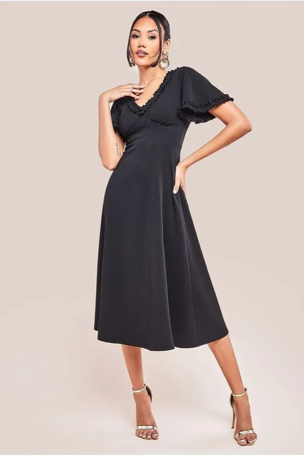 Flare Sleeve Frill Edge Midi Dress - Black