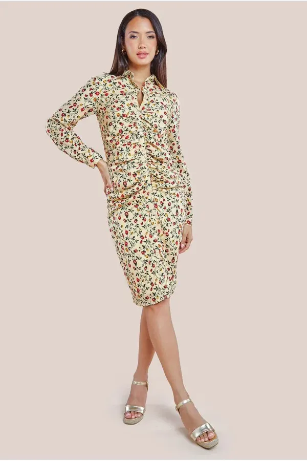 Floral Print Shirt Dress - Beige
