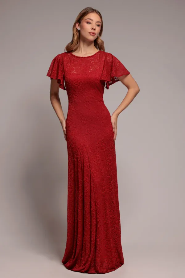 Flutter Sleeve Lace A-Line Maxi Dress - Red
