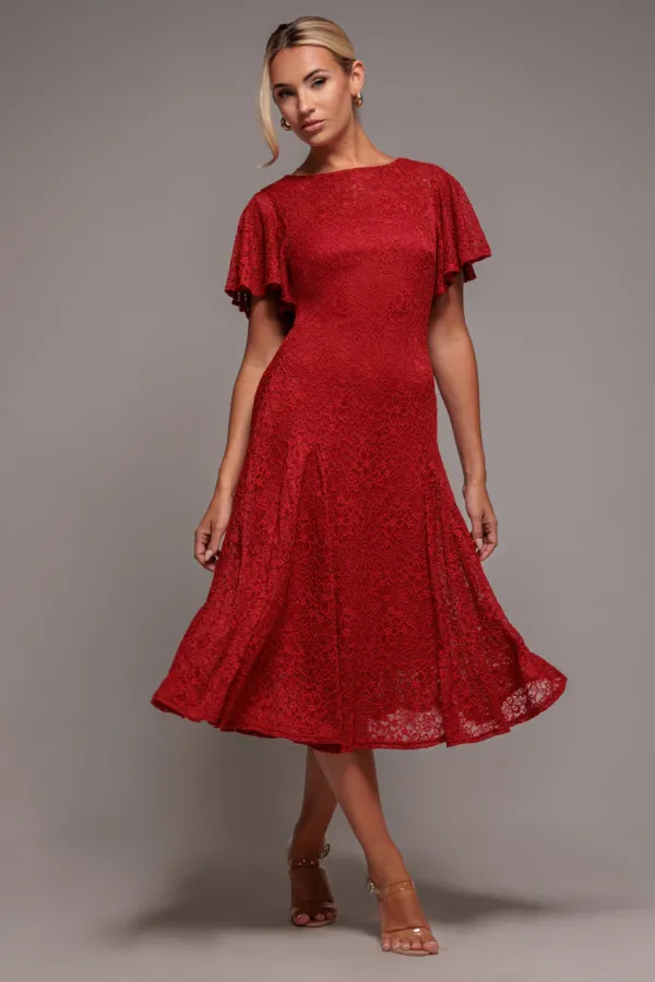 Flutter Sleeve Lace A-Line Midi Dress - Red