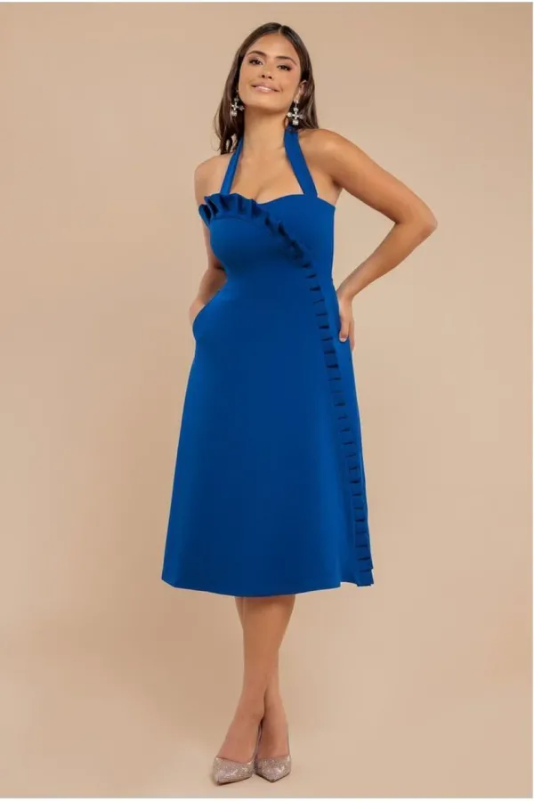 Frilled Halter Neck Strap Midi Dress - Royal Blue - RoyalBlue