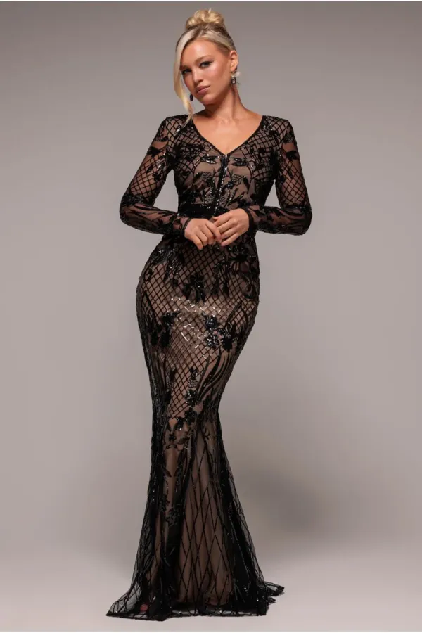 Full Sleeve Sequin Evening Dress - Black