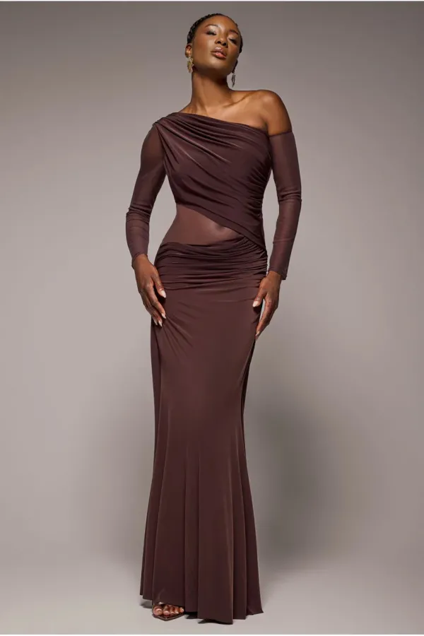 Gathered Cowl Asymmetric Mesh And Soft Touch Maxi Dress - Brown