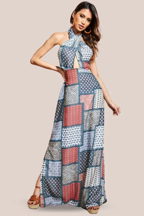 Halter Neck Printed Maxi Dress - Blue