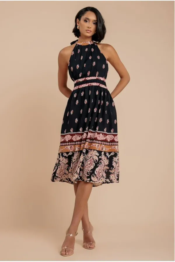 Halter Neck Printed Midi Dress - Black