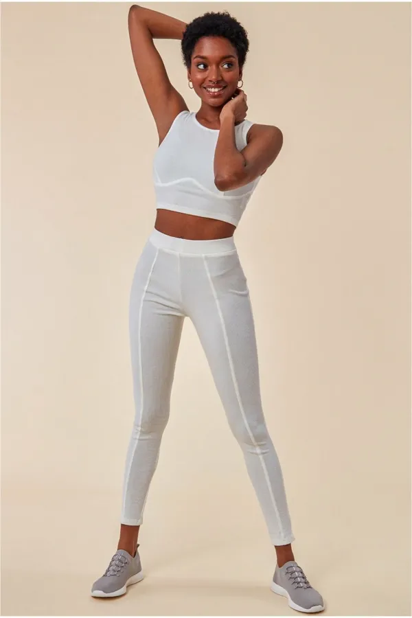High Neck Crop Top With Leggings Set - White