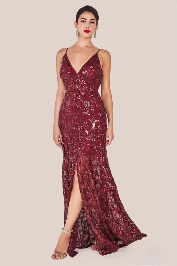 Iridescent Sequin Maxi With Front Split - Burgundy