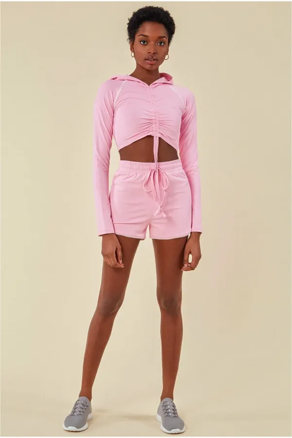 Jersey Short Set With Drawstring Top - Pink
