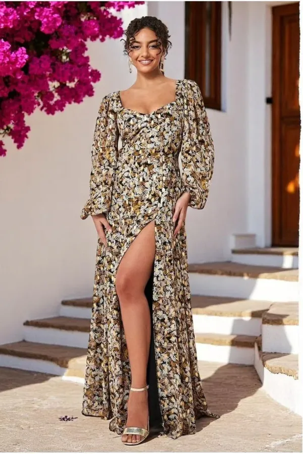 Leaf Print Shirred Back Maxi Dress - Leaf Print - LeafPrint