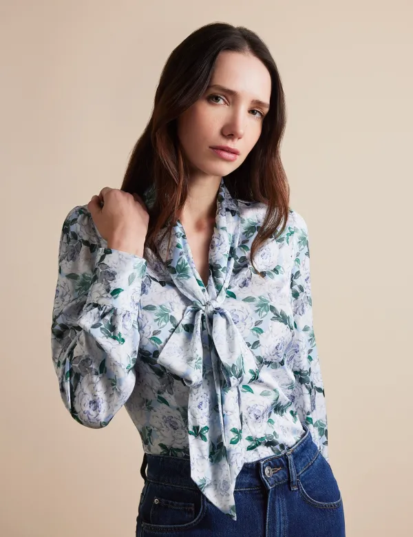 Light Blue & White Floral Pussybow Blouse | Light Blue/White | Polyester | Geometric | Womens
