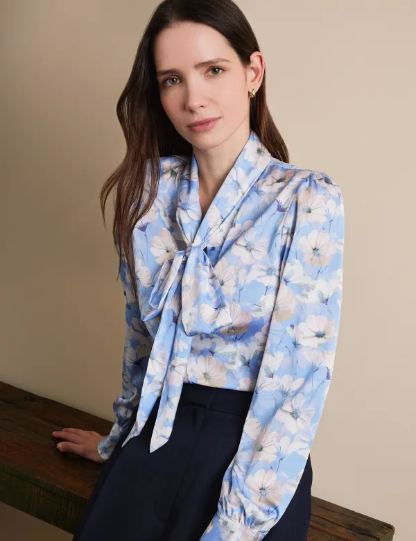 Light Blue & White Floral Pussybow Blouse | Light Blue/White | Polyester | Womens