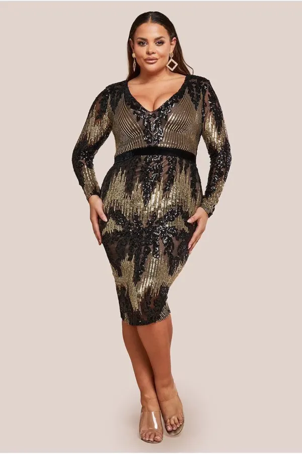 Long Sleeve Sequin Party Midi Dress - Black